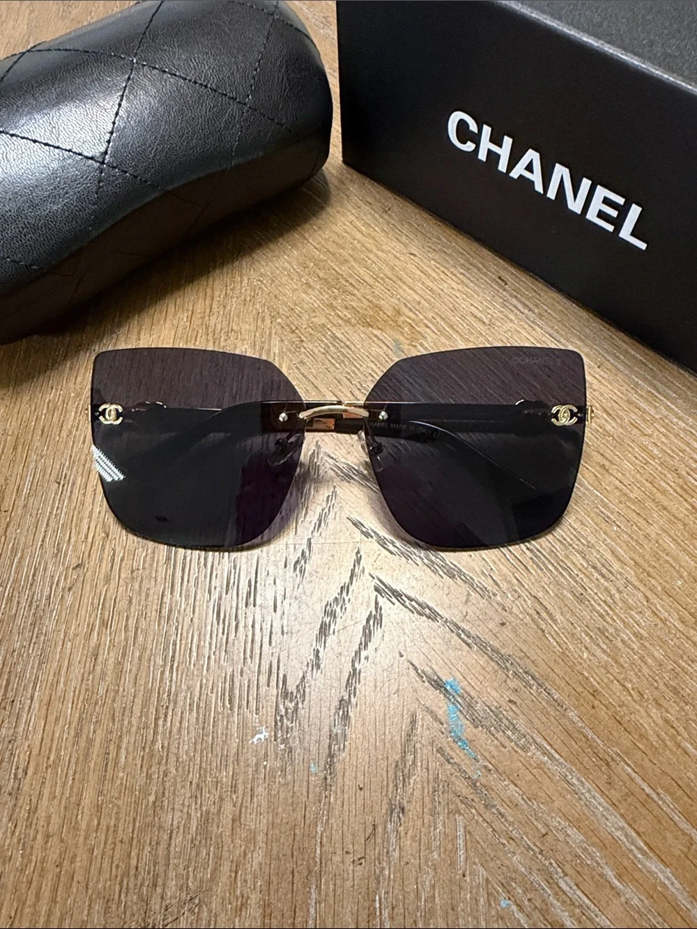 CHANEL Black Gradient Rimless Square Sunglasses with Gold Hardware